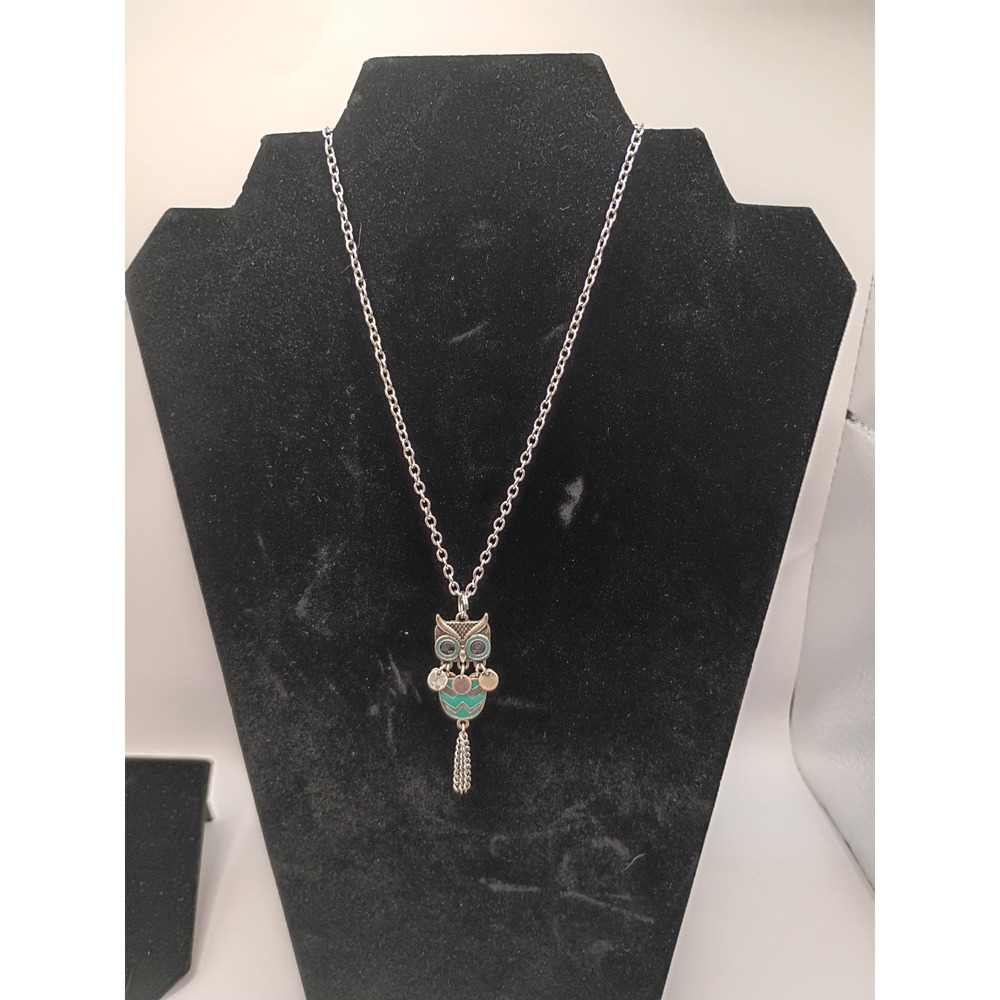 Silver Tone Boho Owl Pendant Necklace Teal Enamel Tassel Dangle Chain